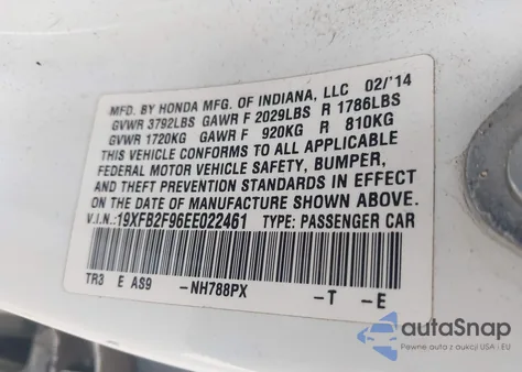 2014 Honda Civic Ex-L from USA, damaged, VIN 19XFB2F96EE022461